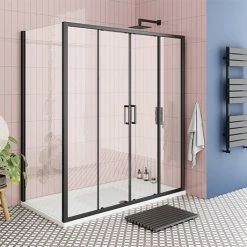 Toreno Matt Black 1400 X 700mm Double Sliding Door Shower Enclosure Without Tray